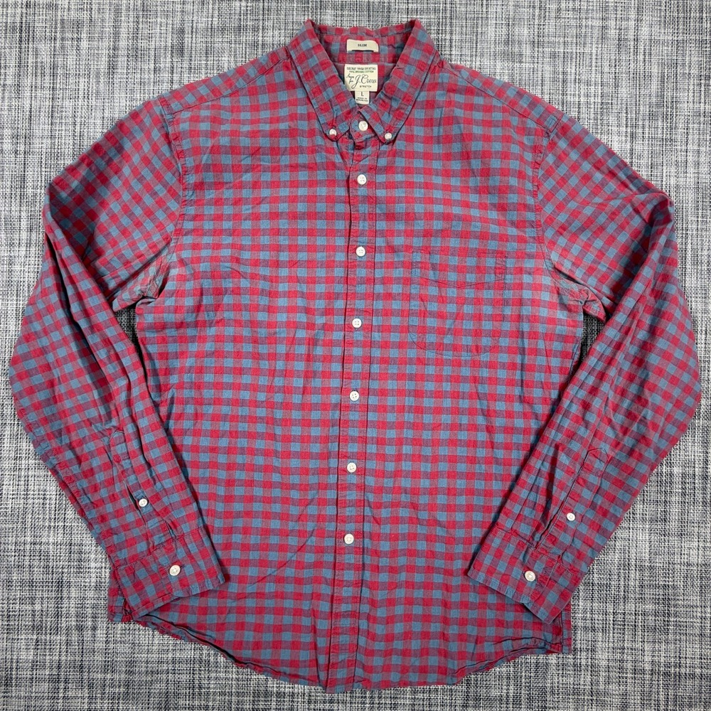 J.Crew Mens Shirt L Slim Secret Wash Stretch Organic Cotton Red Blue Checked